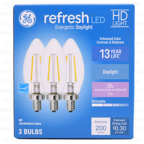 ge regresh led daylght bulb candelabra 25wt 3pk -- 6 per case