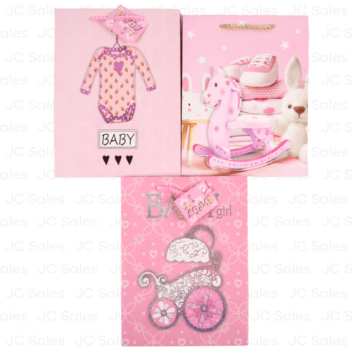 gift bag small baby shower assorted designs pink -- 12 per box