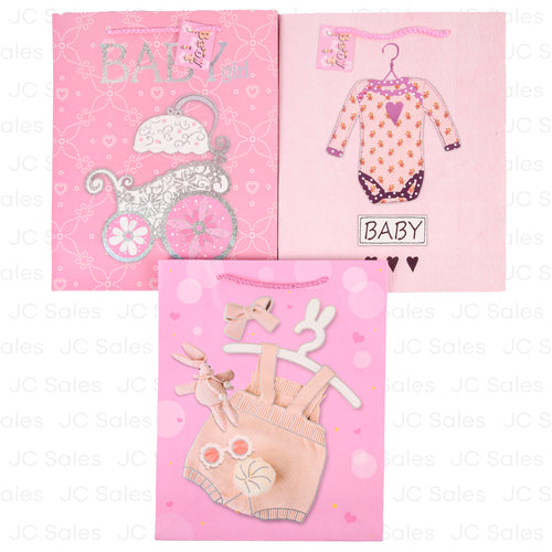 gift bag medium baby shower assorted designs pink -- 12 per box