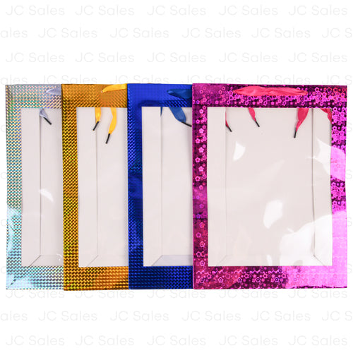 gift bag large w clear window assorted border colors -- 12 per box