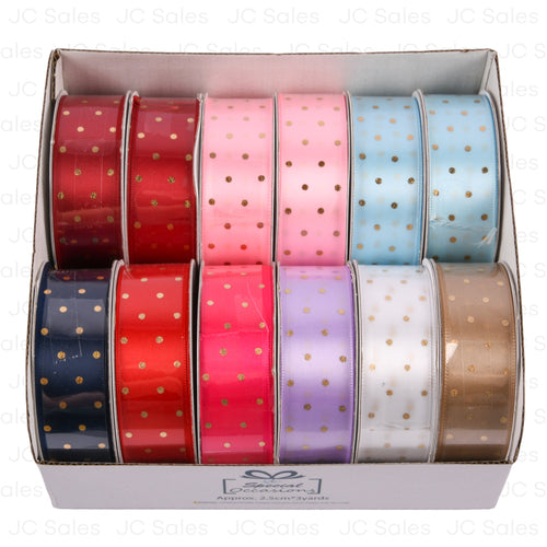 angels craft satin w polka dots ribbon rolls 1 x 3 yd asst colors -- 12 per case