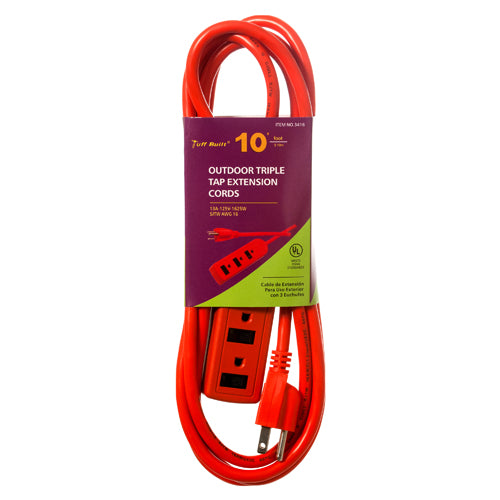 10ft outdoor extension cord - 3 outlets & 16 gauge -- 12 per box