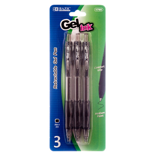 bazic 3pc retractable gel pens - black w/grip  -- 24 per box