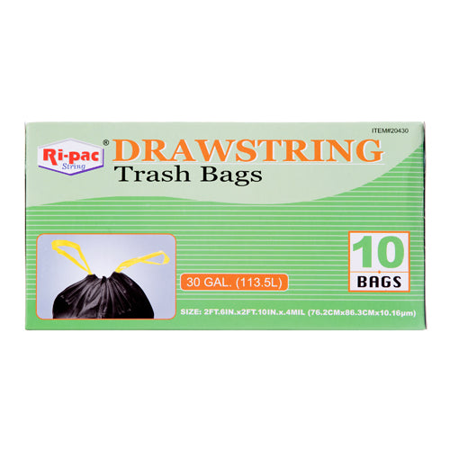 ri-pac 30 gallon trash bags with drawstring - 10 count - black -- 24 per case