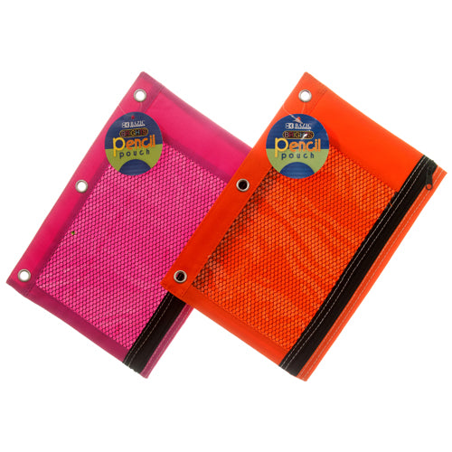 pencil pouch with 3 ring & mesh window - neon colors - bulk 144 pack -- 24 per box