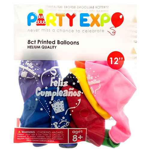 balloon feliz cumpleanos 8ct assorted colors - bulk 240 -- 12 per box