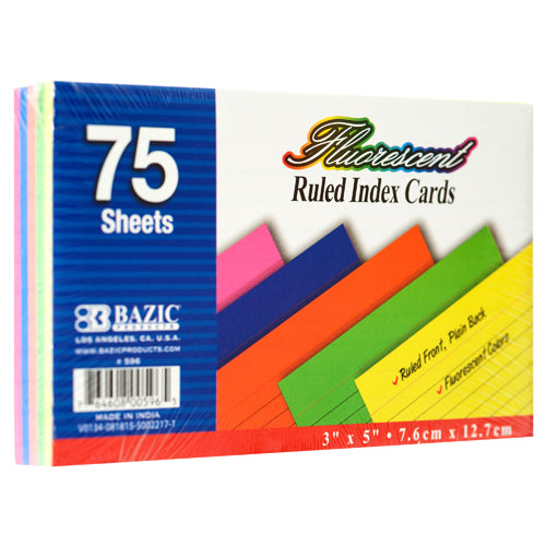 index card ruled 3x5 75ct fluorescent color -- 36 per case