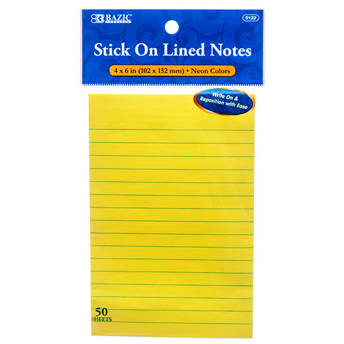 bazic notes lined stick on 4 inx6 in - 50 ct neon color  -- 24 per box