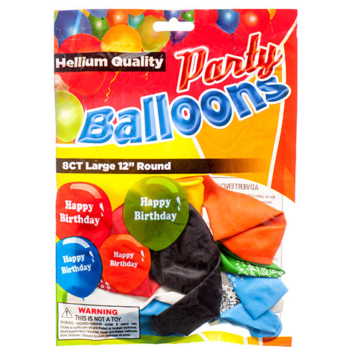 balloon birthday 8 ct asst clr - -  -- 12 per box