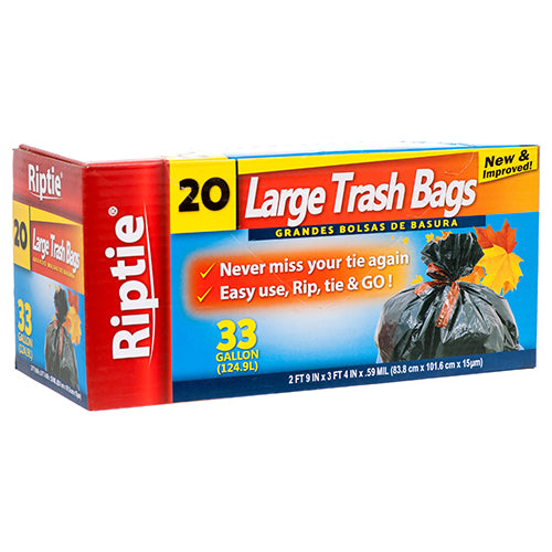 bulk riptie trash bags - large 33gal - 20ct -- 12 per case