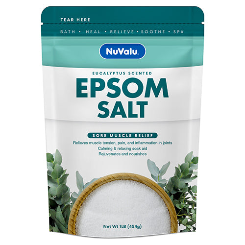 nuvalu epsom salt soak 16 oz - sore muscle & back relief  -- 12 per case