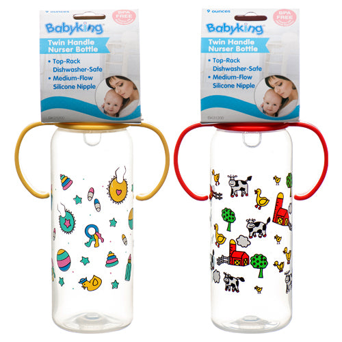 baby bottle 9 oz w handle printed dsgn asst -- 12 per box