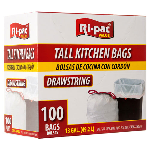 ri-pac trash bags - drawstring - 13 gallon - white   -- 4 per case