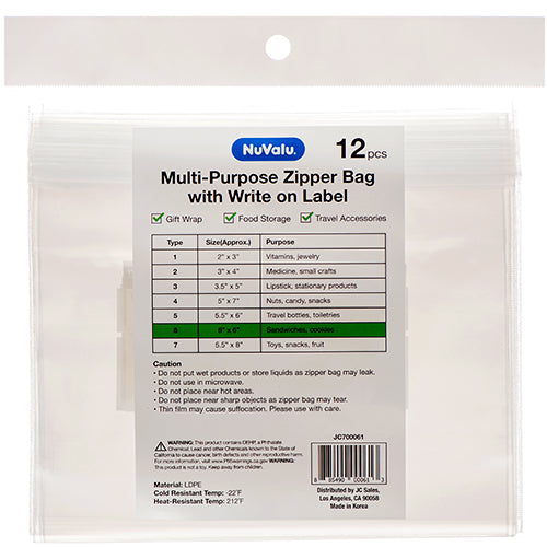 nuvalu zipper bags - 8x6 - write on label  -- 12 per box