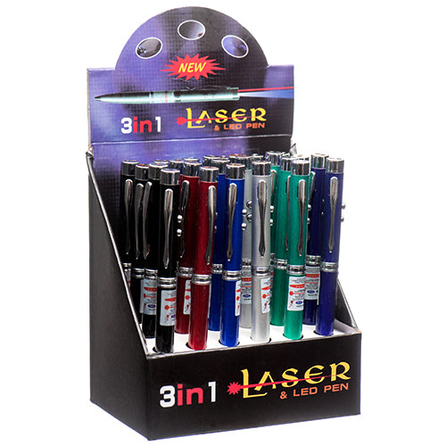 3 in 1 laser pointer pen with led light - assorted colors  -- 24 per box