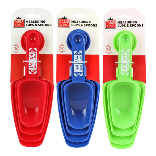 table king measuring cups & spoons - 4pcs - 3 assorted colors -  -- 24 per case