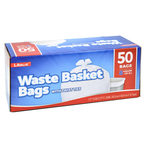 8 gallon garbage bags - 50 count -  - with twist ties -- 12 per case