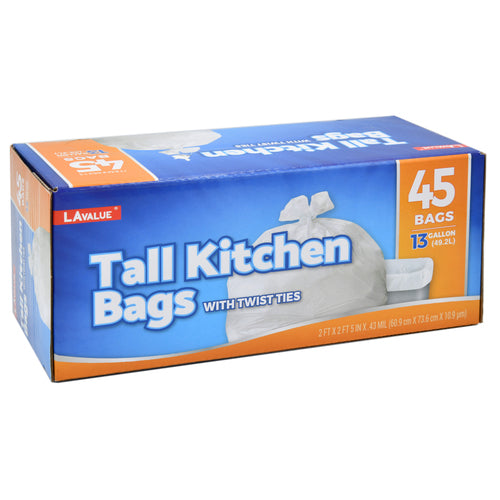 home and garden's 45ct tall kitchen bags - 13 gallon with twist ties - bulk  -- 12 per case