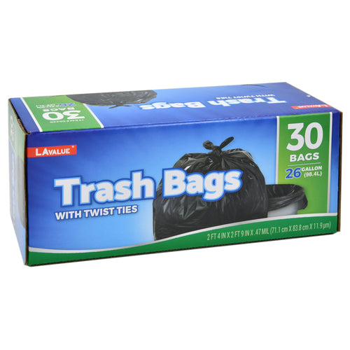 26-gallon black trash bags - 30 count with twist ties -  -- 12 per case