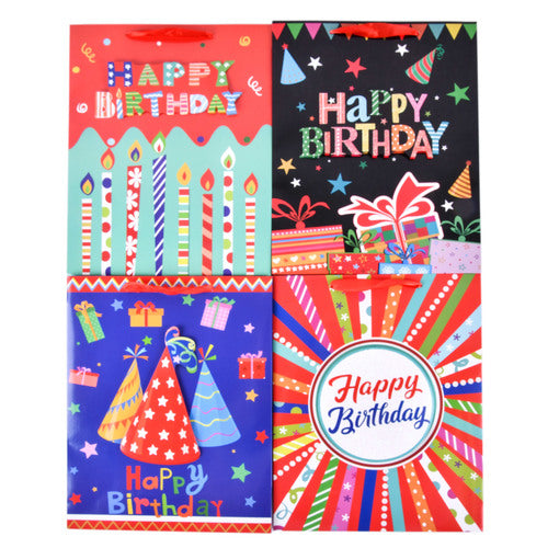 assorted color happy birthday gift bags  -- 12 per box