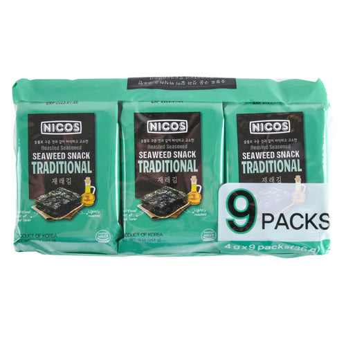 nicos seaweed snack - traditional - 12x9 pack -  -- 12 per case