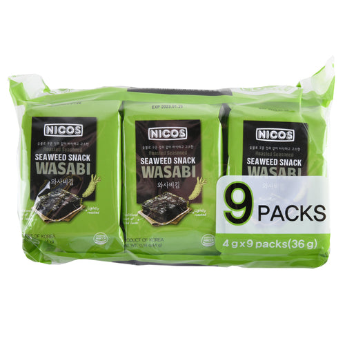 nicos wasabi seaweed snack - 12x9pk -- 12 per case