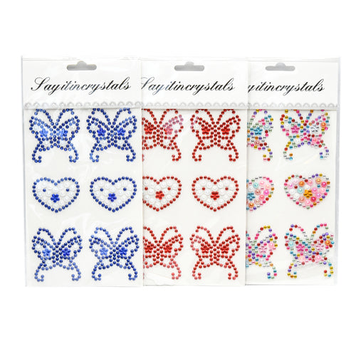 butterfly & heart shaped glue on crystal gems - 3 colors  -- 12 per box