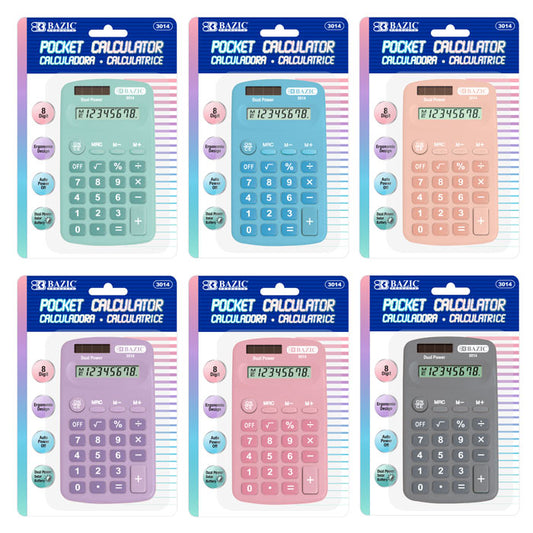 8- digit dual power pocket size calculator - pastel color -- 24 per box