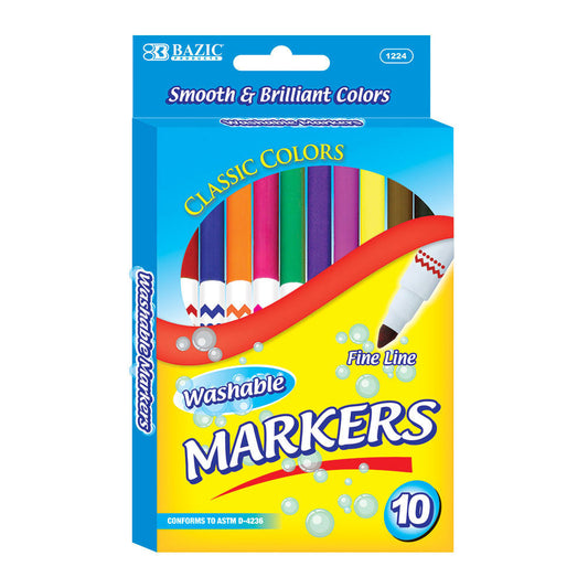 bazic 10 color super tip washable markers - bulk case 144 -- 24 per box