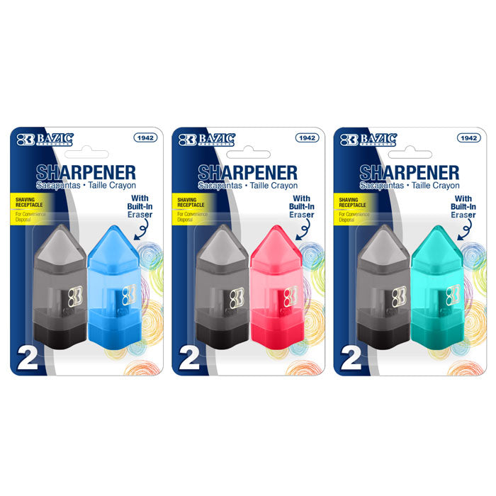 single blade sharpener w receptacle eraser 2 pack -- 24 per box