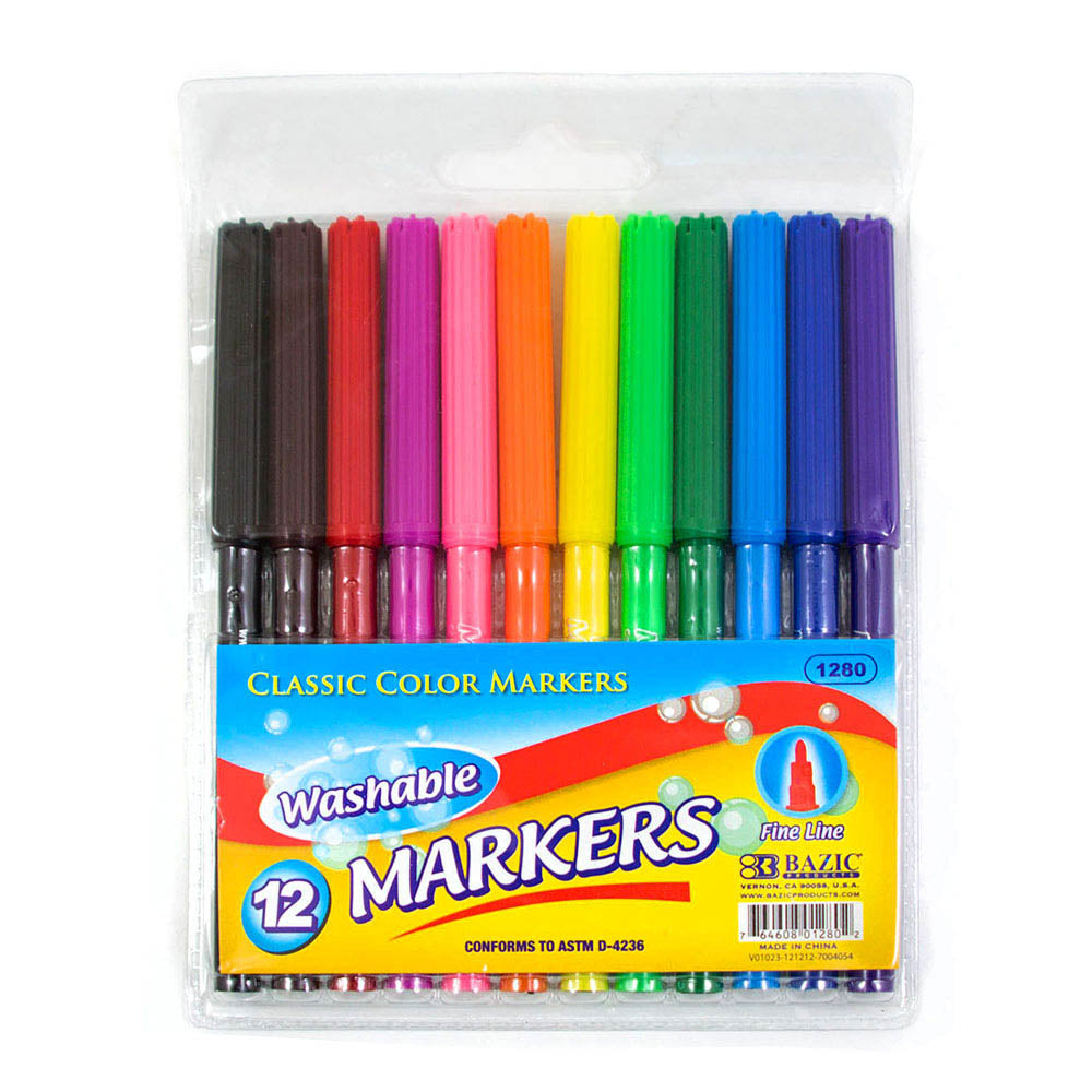 bazic 12 classic colors fine line washable markers  -- 24 per box