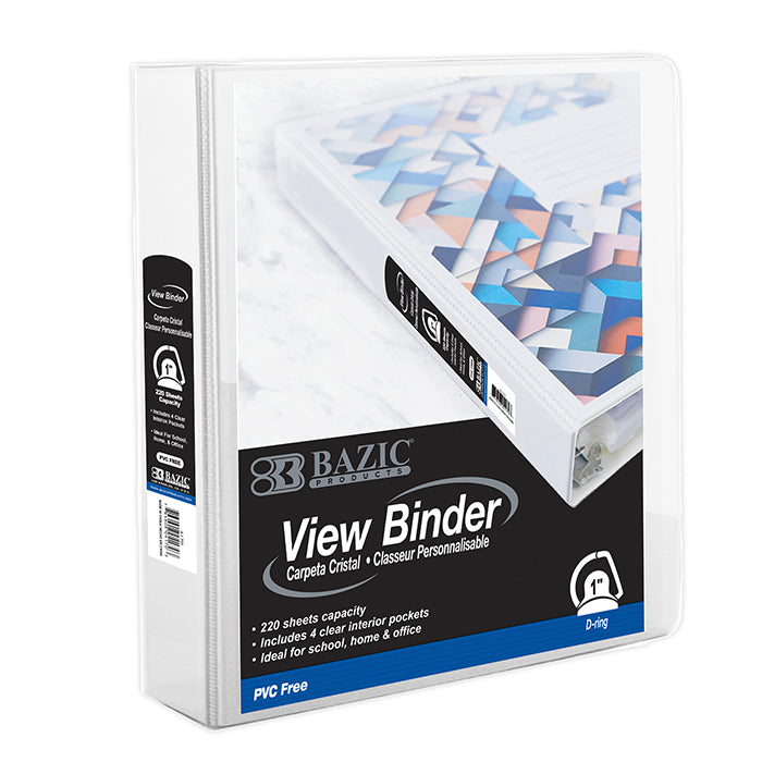 1 inch white pvc- free slant-d ring view binder w 4- pockets -- 12 per case