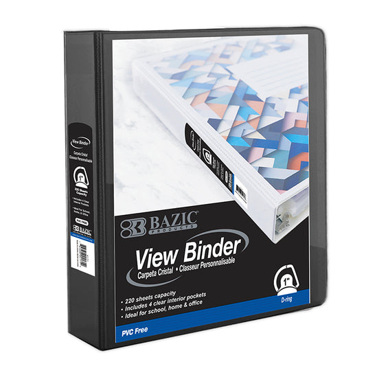 1 inch black pvc- free slant-d ring view binder w 4- pockets -- 12 per case