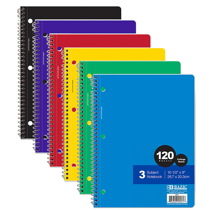 bazic c/r 120 ct. 3-subject notebooks - - 24/case -- 24 per case