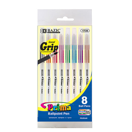 bazic 8 color prima stick pen with cushion grip - 144 pack -- 24 per box