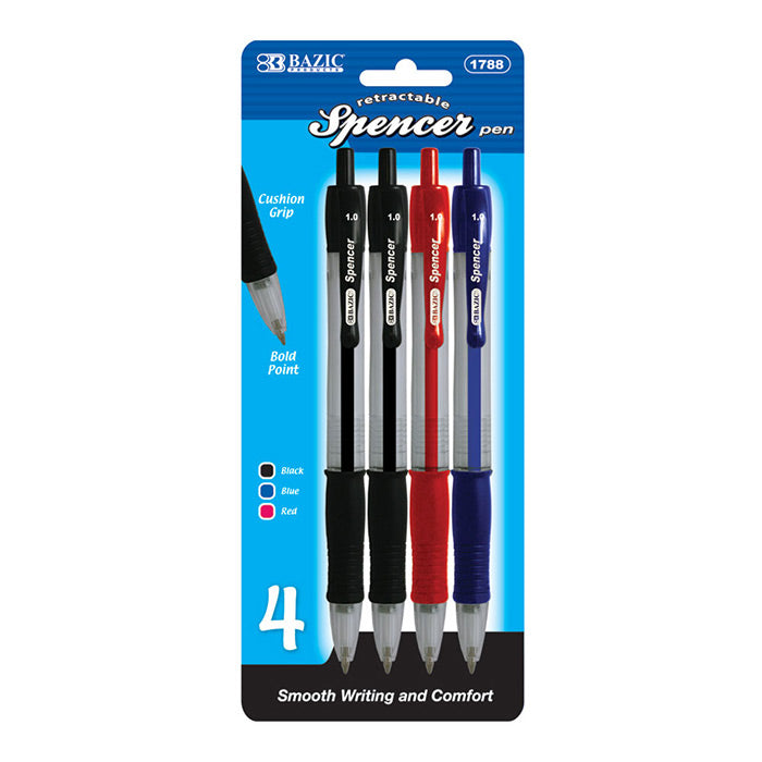 bazic spencer retractable pens w/cushion grip - - bulk 144 pack -- 24 per box