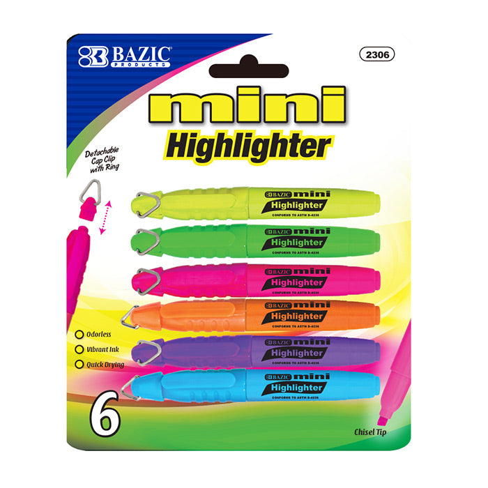 bazic mini fluorescent highlighters w/cap clip - 5 pack - 144/case -- 24 per box