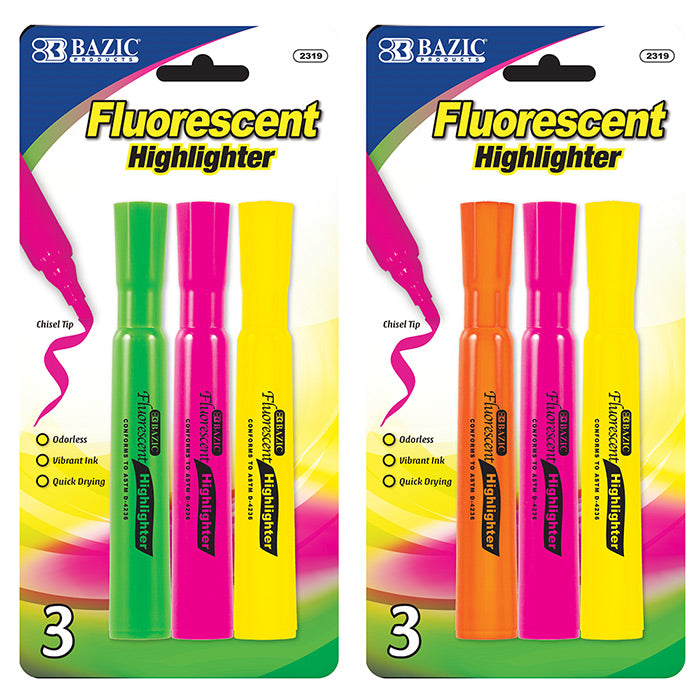 bazic desk style fluorescent highlighters - 3 pack  -- 24 per box