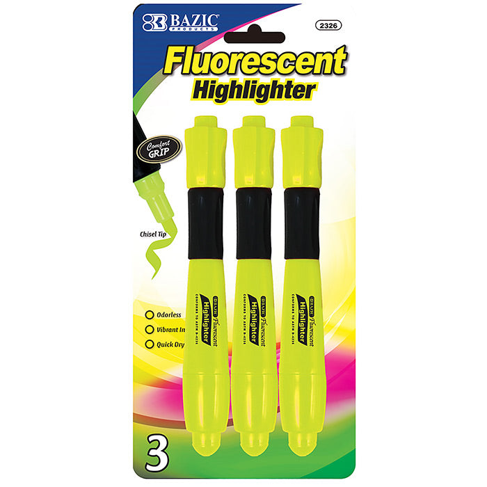 bazic yellow desk style fluorescent highlighters  - cushion grip -- 24 per box