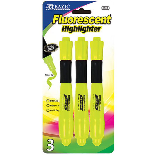 bazic yellow desk style fluorescent highlighters  - cushion grip -- 24 per box