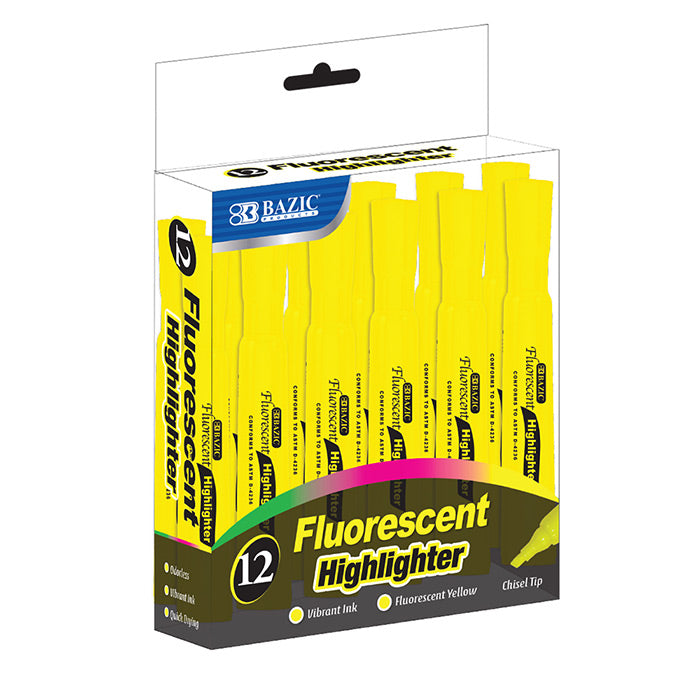 bazic yellow fluorescent desk highlighters - zz box -- 12 per box