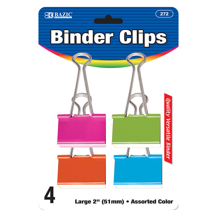 bazic 2 inch binder clips - assorted colors - 4/pack - 144/case -- 24 per box