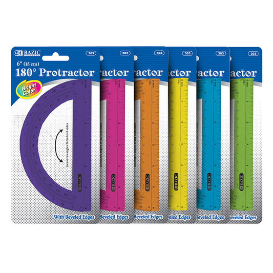 bazic assorted color semicircular 6 inch protractor  -- 24 per box