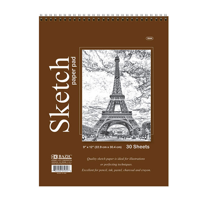 bazic 9x12 spiral sketch pad - top bound - 30 sheets -- 48 per case