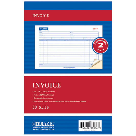 bazic carbonless invoice book - 5 9/16 in x 8 7/16 in - 50 sets -- 24 per box