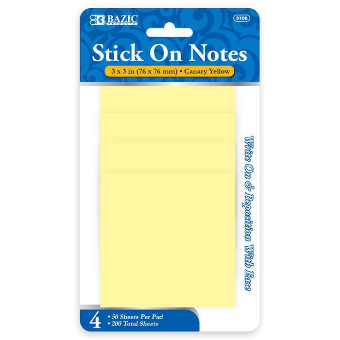 bazic yellow stick on notes - 50 ct  -- 24 per box