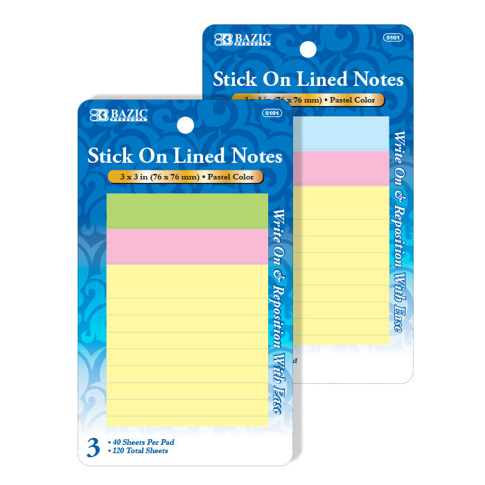 bazic 3x3 stick on note pads - lined -  -- 24 per box