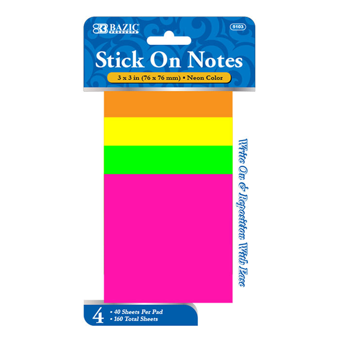 neon stick on notes - 40 ct - 4 packs  -- 24 per box