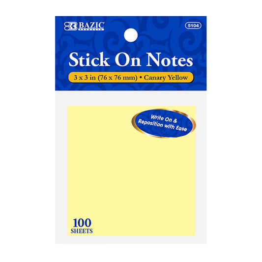 100 ct. 3 inch x 3 inch yellow stick on notes -- 24 per box