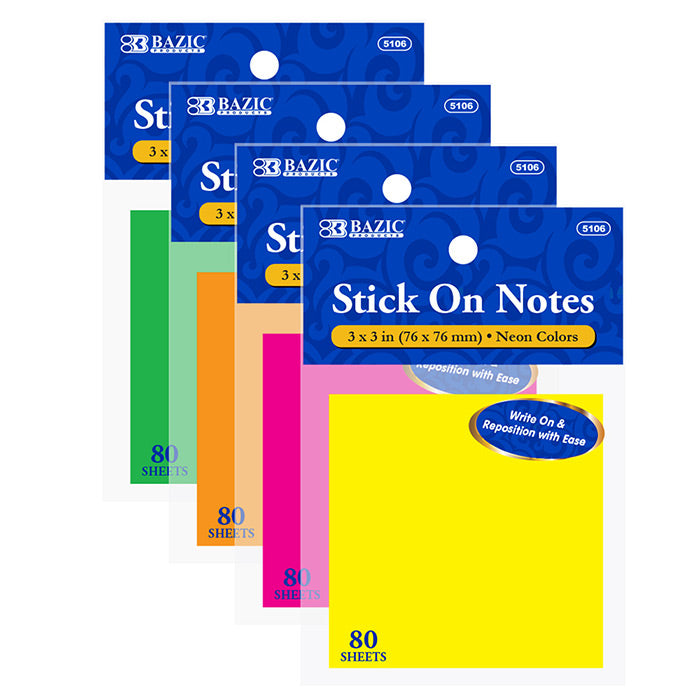 bazic 3 inx3 in neon stick on notes - bulk  -- 24 per box